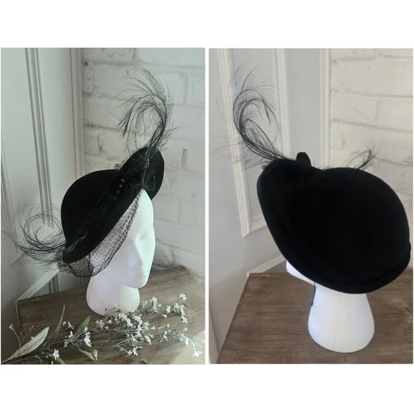 SOLD Vtg 50s Fascinator / Tilt Hat, Coralie, Party, Bead, Ostrich Feather, 7/S - Picture 2 of 11